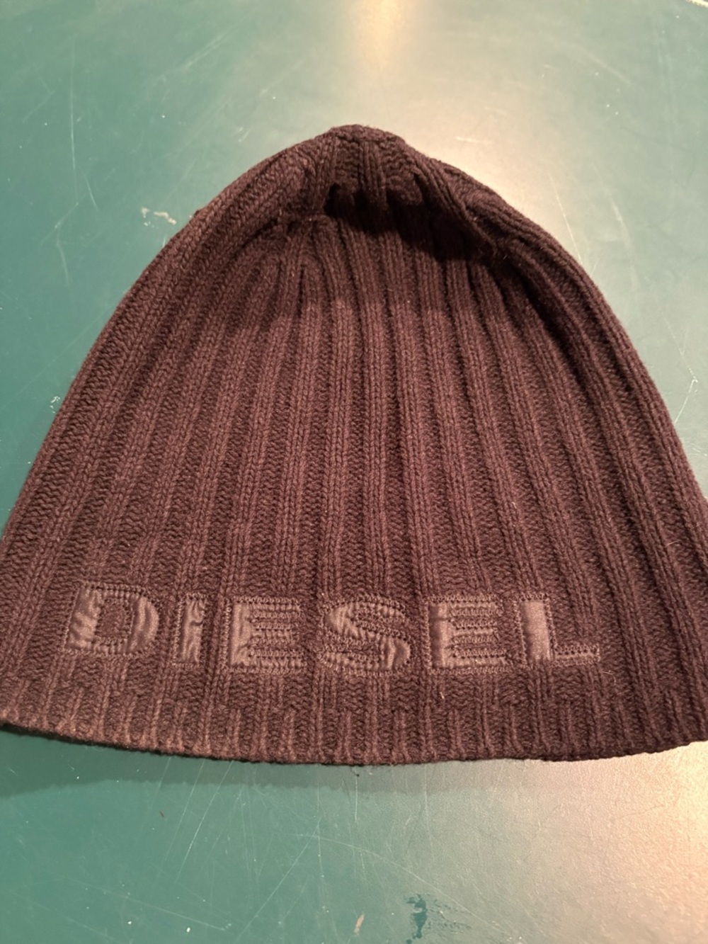 Diesel Black Ribbed Logo Beanie